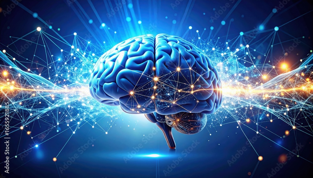 Poster a vibrant digital representation of a brain, interconnected with glowing lines, symbolizing neural c