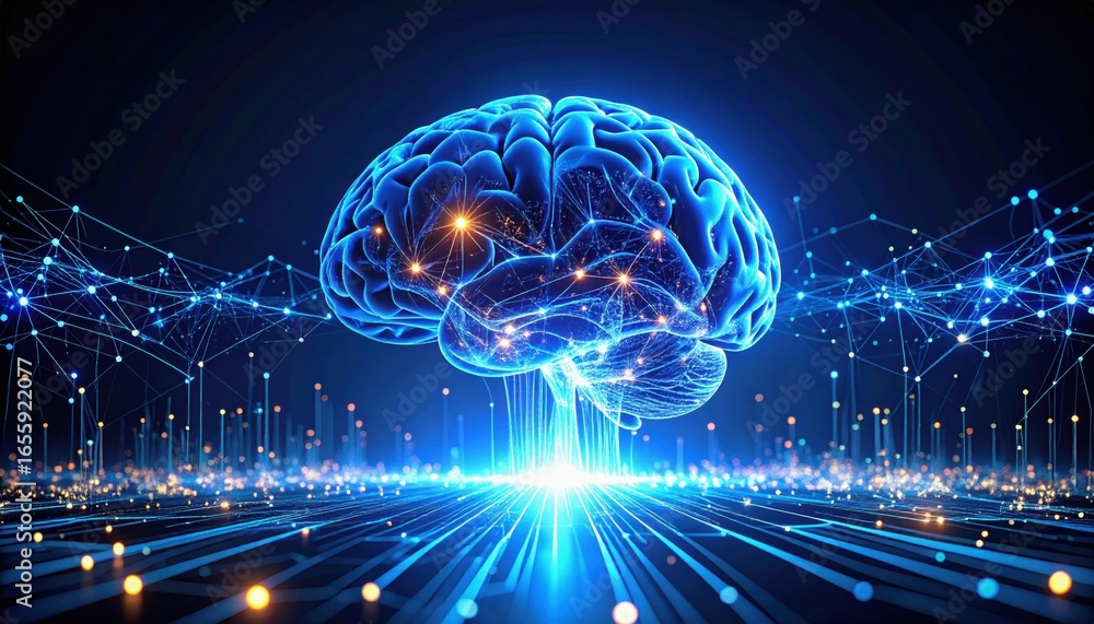 Poster a vibrant, digital representation of a brain surrounded by interconnected data points, symbolizing a