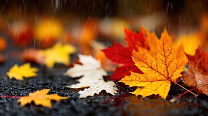Colorful Autumn Leaves on Wet Pavement with Rain Drops in a Peaceful Fall Landscape Scene