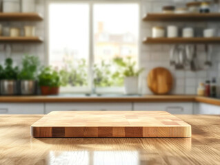 wood counter top with cutting board on blur kitchen in morning window background.