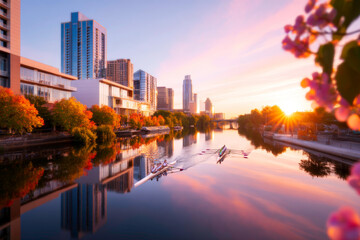 Synchronized rowing crew gliding across calm urban river with skyline backdrop