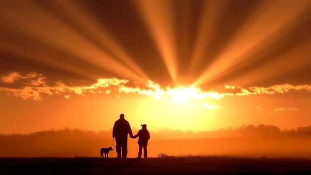 Sunset moments of a grandfather and grandson in nature