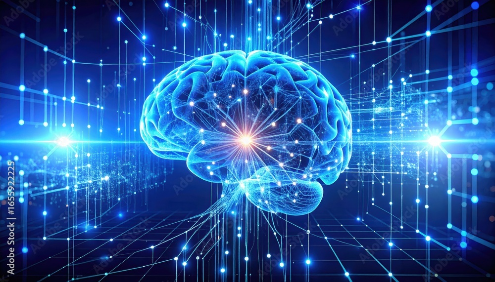 Aufkleber a glowing blue brain is surrounded by digital lines and light, representing advanced technology and 