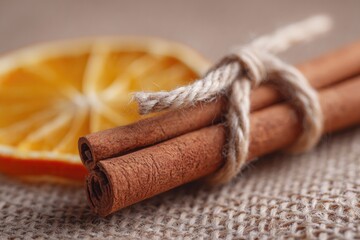 Cinnamon sticks tied with twine next to dried orange slice on fa