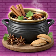 Fototapeta premium Neon Art of Mulled Wine with Spices and Biscuits