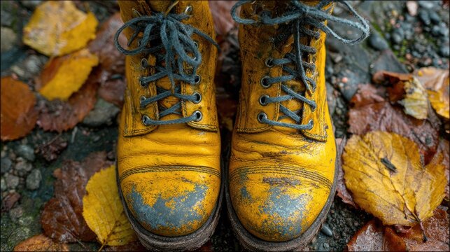 Worn yellow boots amidst autumn leaves - Powered by Adobe