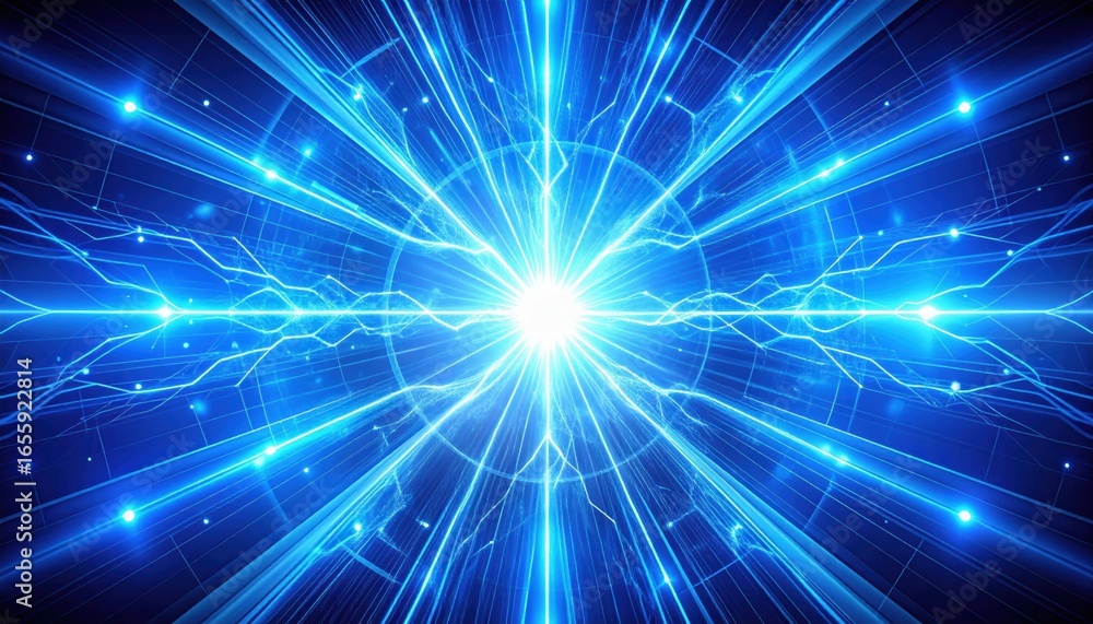 Poster a vibrant blue burst of light radiates from the center, with dynamic energy lines extending outward,