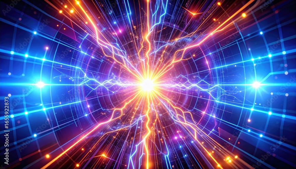 Poster a vibrant explosion of energy radiates from the center, surrounded by swirling patterns of light and