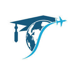 Study abroad vector logo design. Graduation cap and globe icon.