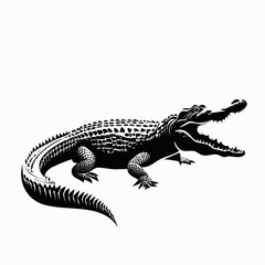 Fototapeta premium A detailed black and white illustration of a crocodile with its mouth open, showcasing teeth.