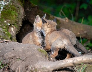 Two playful fox cubs nestled near a tree root
