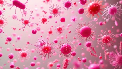 Pink microorganisms and bacteria in 3D, detailed scientific illustration with realistic textures and blue background, high resolution, 4K