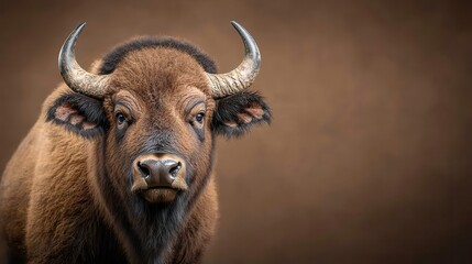 Naklejka premium Majestic Close-Up of a Powerful Brown Buffalo with Strong Horns Against a Soft Earthy Background