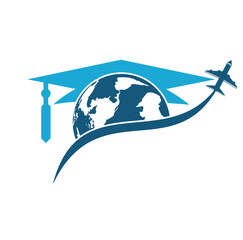 Study abroad vector logo design. Graduation cap and globe icon.