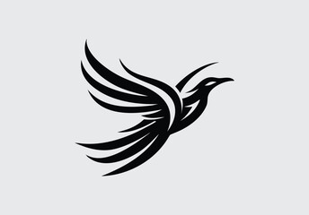 Stylized Black Silhouette of a Flying Bird with Flowing Wings on Gray Background 
