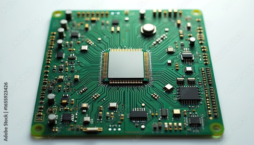 Poster close-up macro view of green circuit board, featuring central processor unit cpu, complex electronic
