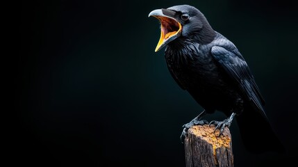Majestic Black Raven with Open Beak Perched on a Weathered Log Captured in Stunning Detail against Dark Background