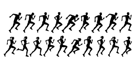 runner silhouette vector set, running man woman sequence, motion, athletic vector illustration, dynamic jog, fitness movement animation, isolated runners on white, exercise illustration, human activit