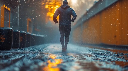 A runner in a hooded jacket jogs through a rainy, industrial setting with vibrant orange lighting in the background