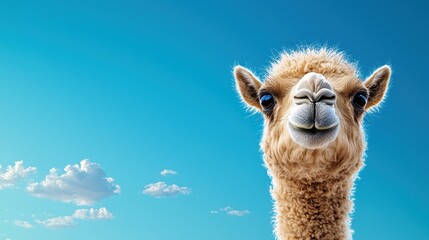 Obraz premium Cute camel portrait with bright blue sky and fluffy clouds in the background, perfect for animal lovers
