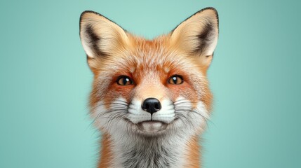 Fototapeta premium Realistic fox portrait with vibrant orange fur and expressive eyes against a soft blue background