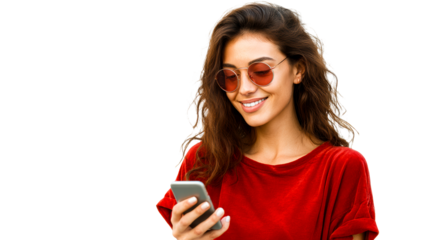 Young Woman Smiling While Looking at Her Smartphone Outdoors, cut out transparent