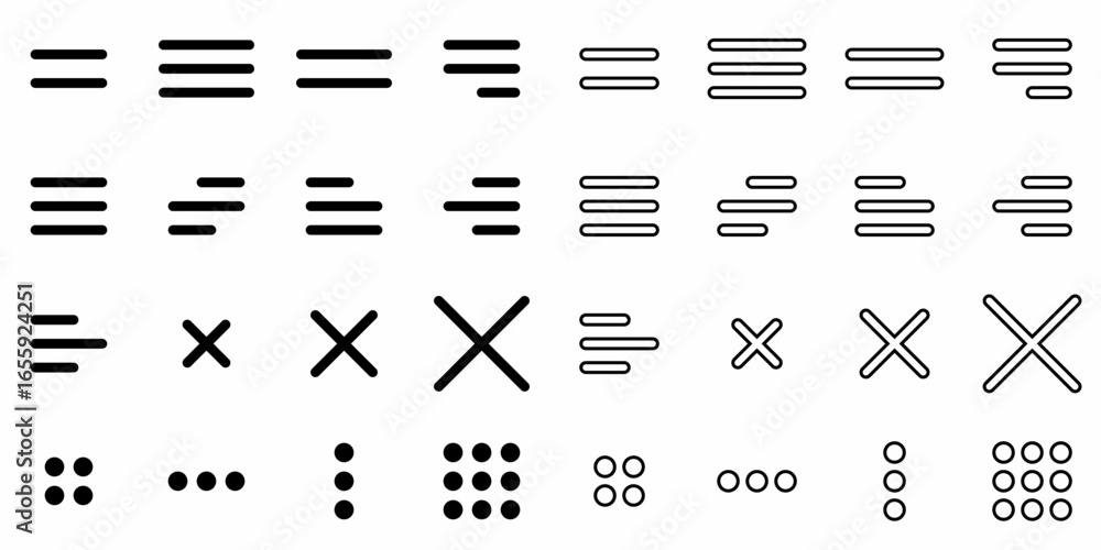 Poster collection of black and white user interface menu icons on white background