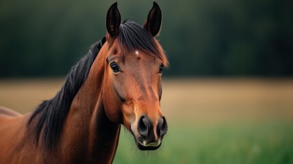 Fototapeta premium Majestic Brown Horse Stands Gracefully in a Lush Green Field Under Soft Natural Light