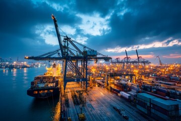 Nighttime cargo operations at port industrial scene urban environment aerial view