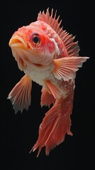 Vivid close-up of a red and white fish with intricate fins, isolated against a black background.