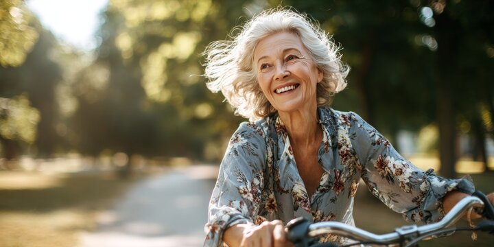 Joyful cycling adventure senior woman biking in a park lifestyle natural light outdoor fun