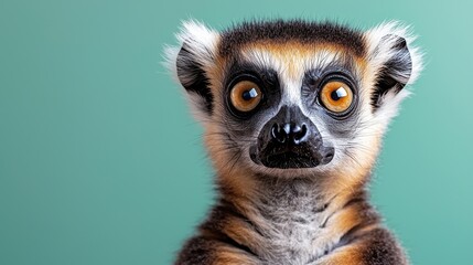 Fototapeta premium Captivating Close-Up of a Lemur with Striking Eyes Against a Soft Green Background