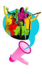Bright collage. Group of people expressing emotions in colorful silhouettes with megaphone...