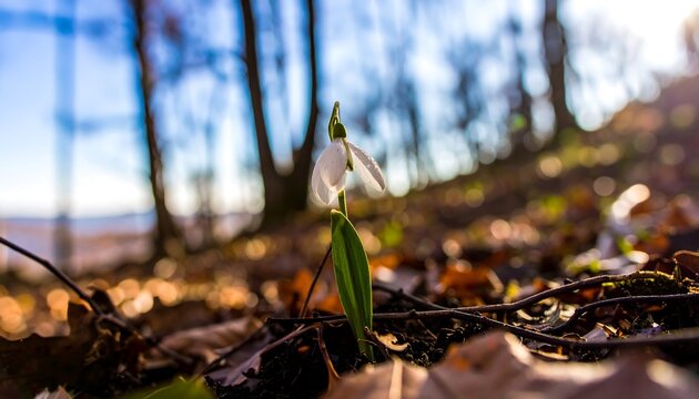 A delicate, snowdrop flower emerges from the forest floor, bathed in springtime sunlight.