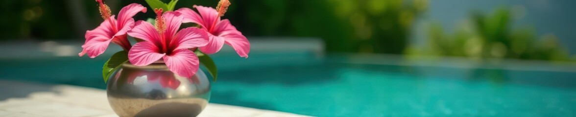 Sleek silver pot holds a lush pink hibiscus, pool setting , hibiscus, summer, green