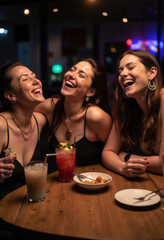 Three cheerful young women sharing a moment of pure joy and laughter, enjoying cocktails together during a vibrant girls' night out at a lively, modern bar. 