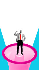 Contemporary collage. Man in suit with red tie standing on pink megaphone symbolizing leadership...