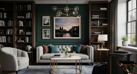 Luxurious Modern Classic Living Room Interior Design with Dark Green Accent Wall, Elegant Home Space with Bookshelves and Stylish Furniture