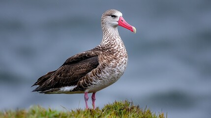 Obraz premium Majestic seabird standing on a grassy cliff with ocean background showcasing elegant feathers and vivid coloration