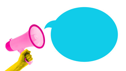 Collage of hand holding pink megaphone with large blue copy space speech bubble symbolizing message...