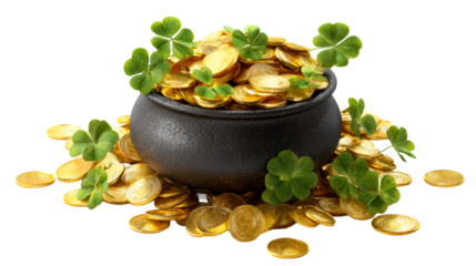 Pot overflowing with golden coins and shamrocks against white background, cut out transparent
