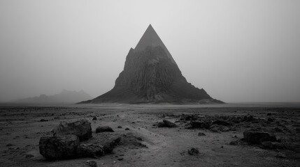 Monochromatic landscape; imposing, sharp peak dominates hazy, flat desert foreground
