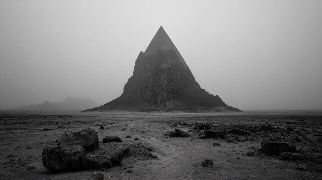 Monochromatic landscape; imposing, sharp peak dominates hazy, flat desert foreground