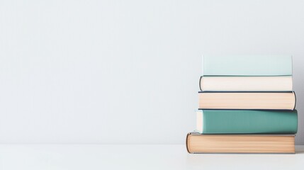 Fototapeta premium Minimalist Stack of Book Three books stacked neatly on a white background, clean and simple composition, modern and minimalist aesthetic