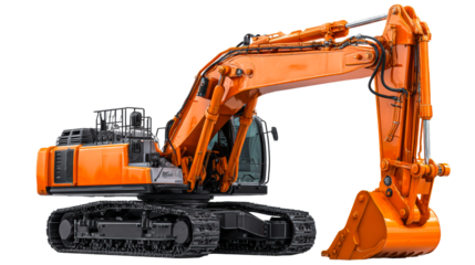 Orange excavator machine with heavy-duty tracks and articulated boom on a white background, cut out transparent