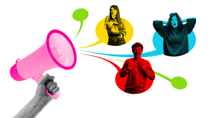 Creative collage. Pink megaphone with speech bubbles of people expressing emotions symbolizing community voice and feedback. Concept of social media, influencer communication, and audience engagement.