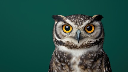 Fototapeta premium Majestic owl with striking orange eyes perched against a vibrant green background in stunning detail