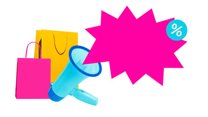 Collage of shopping bags with megaphone and sale copy space bubble symbolizing promotion and retail...