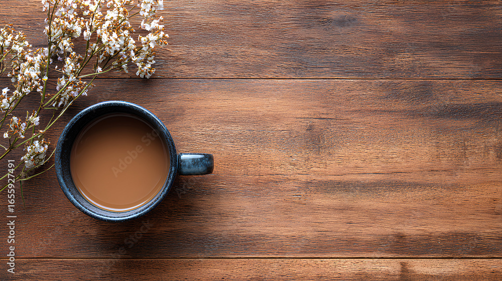 Poster flat lay of coffee mug clipart on wood table texture with blank space surrounding for adding promoti