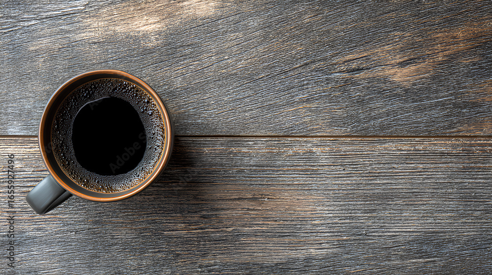 Poster Flat lay of coffee mug clipart on wood table texture with blank space surrounding for adding promotional text